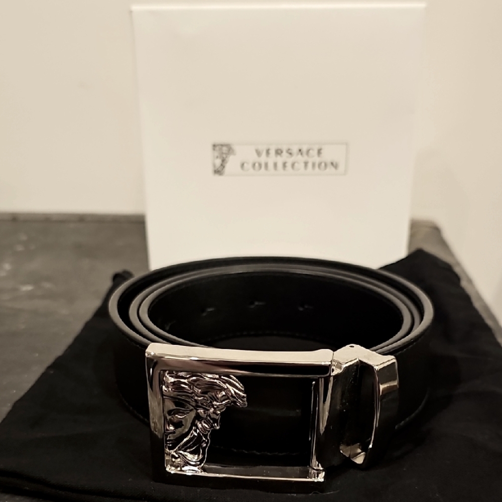 Versace Black Belt with Silver Medusa Buckle